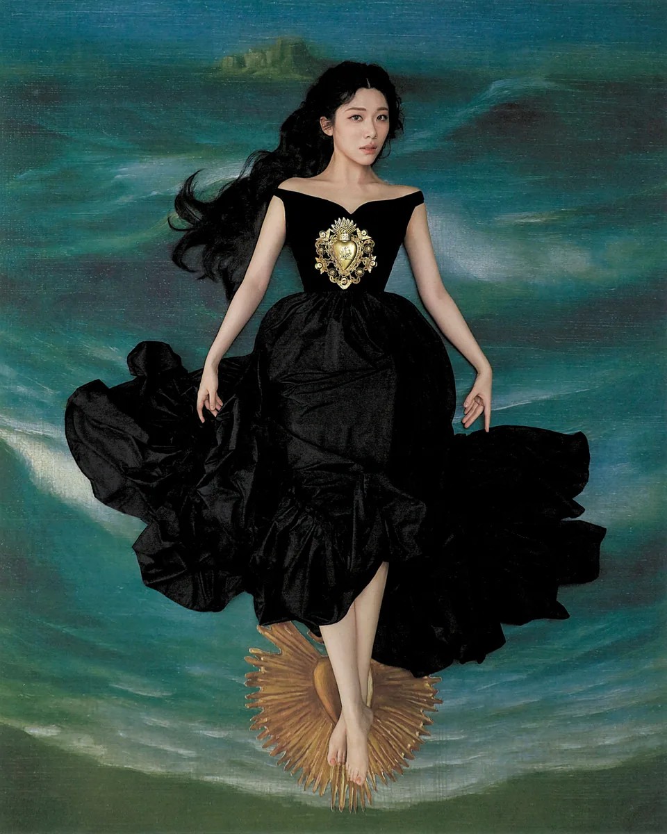 Sammi Chen in a black dress standing against a painted teal seascape.