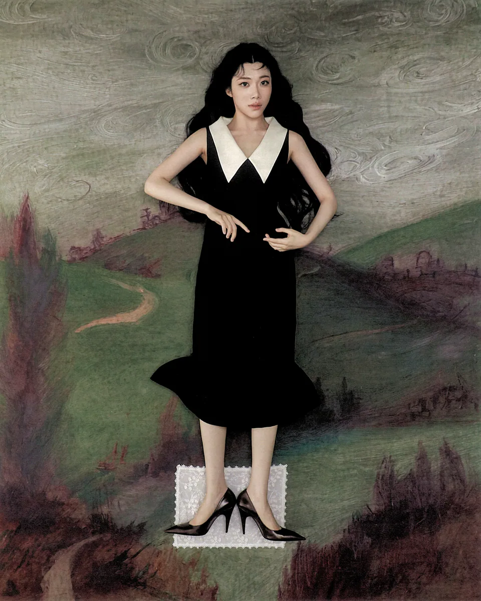 Sammi Chen in a black dress standing in a muted painted landscape.