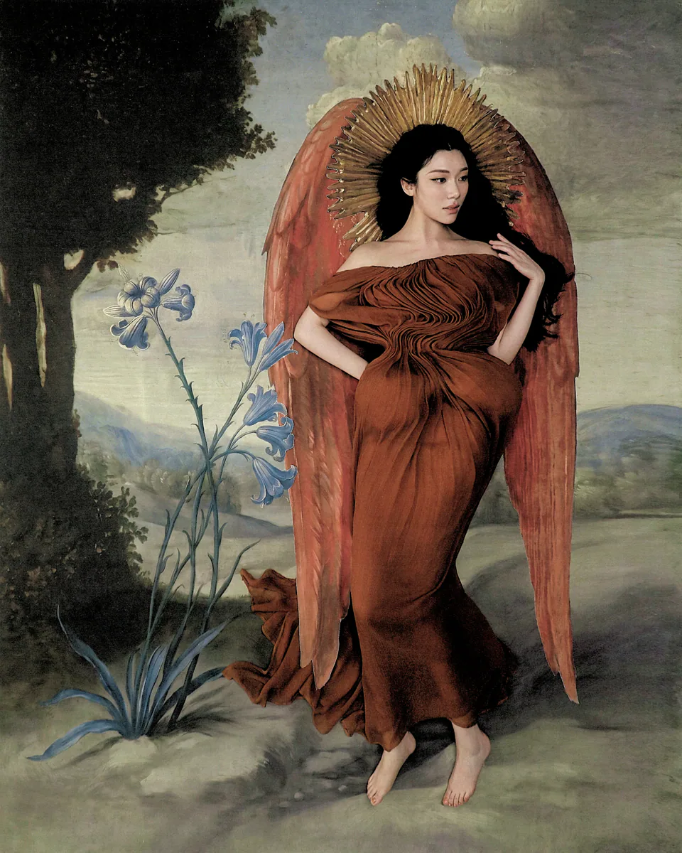 Sammi Chen in a rust dress with painted wings in a theatrical landscape.