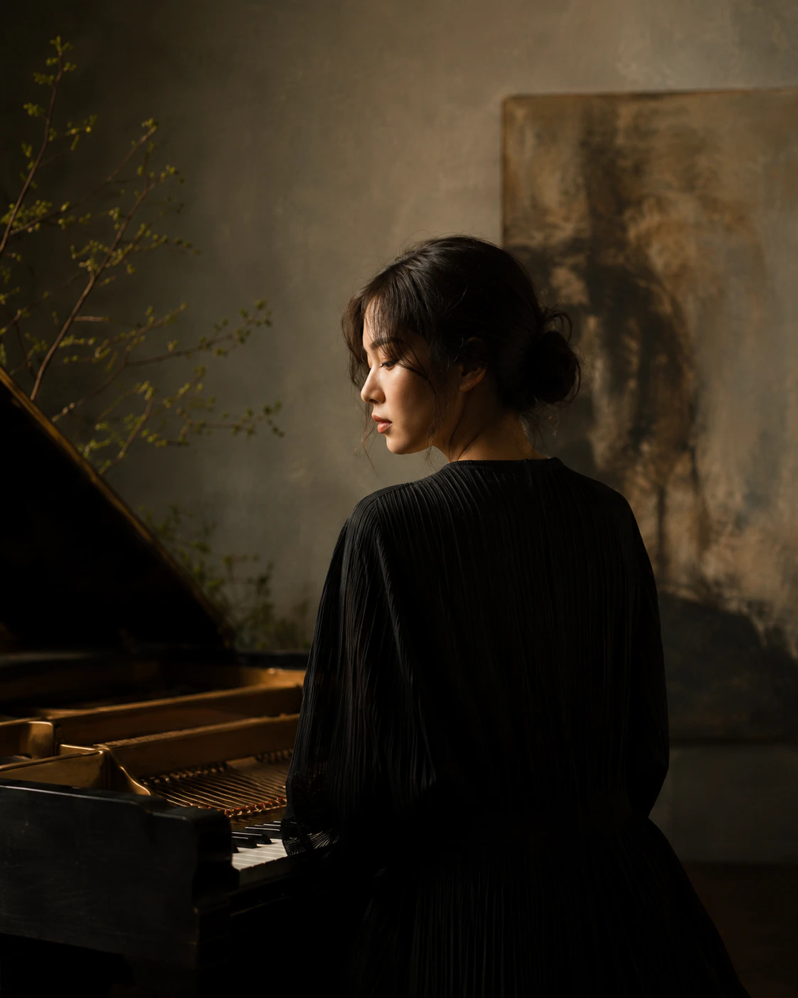 Editorial portrait placeholder of a pianist beside a grand piano